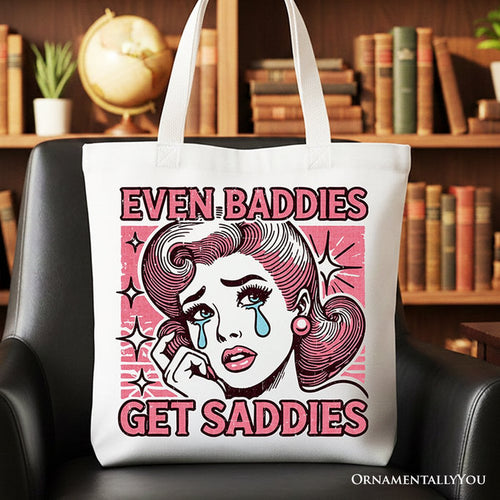 Even Baddies Get Saddies Tote Bag, Retro Crying Girl Pop Art for Stylish and Emotional Women Tote Bag OrnamentallyYou White
