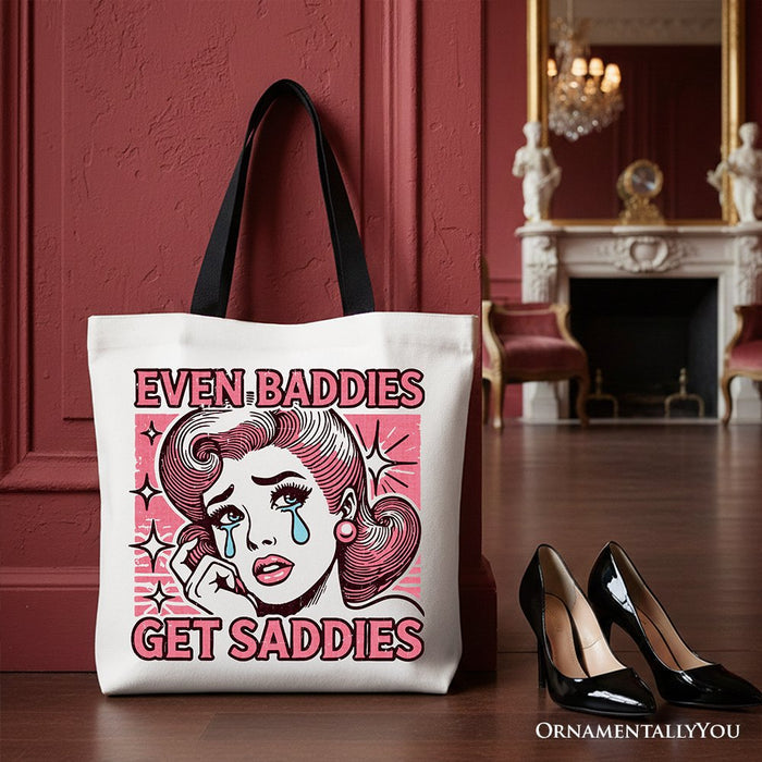 Even Baddies Get Saddies Tote Bag, Retro Crying Girl Pop Art for Stylish and Emotional Women Tote Bag OrnamentallyYou Black Handle