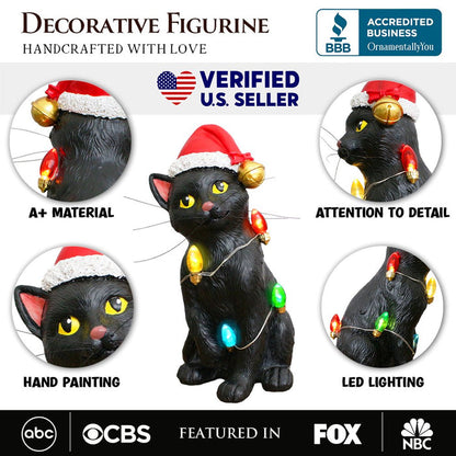 (Pre-Order) Festive Black Cat with LED Lights Figurine, 7" Cute Home Decor Statue Resin Statues OrnamentallyYou