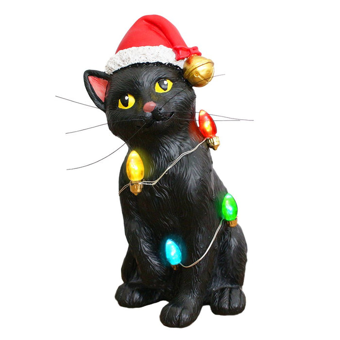 Festive Black Cat with LED Lights Figurine, 7" Cute Home Decor Statue Resin Statues OrnamentallyYou
