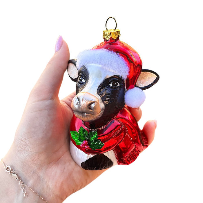 Festive Cow in Wreath Blown Glass Christmas Ornament, Farmhouse Theme Tree Decoration Glass Ornament OrnamentallyYou