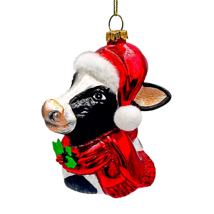 Festive Cow in Wreath Blown Glass Christmas Ornament, Farmhouse Theme Tree Decoration Glass Ornament OrnamentallyYou