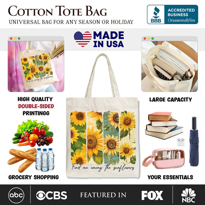 Find Me Among the Sunflowers Floral Canvas Tote Bag, Trendy Women Gift Tote Bag OrnamentallyYou