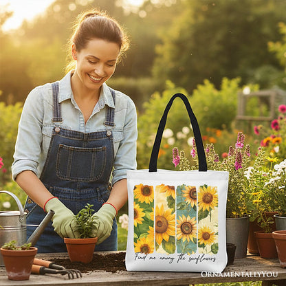 Find Me Among the Sunflowers Floral Canvas Tote Bag, Trendy Women Gift Tote Bag OrnamentallyYou