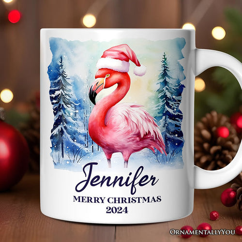 Flamingo with Santa Hat Personalized Mug, Winter Forest Christmas Gift With Custom Name and Date Personalized Ceramic Mug OrnamentallyYou 12oz Mug Customized