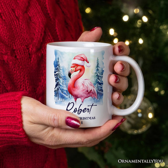 Flamingo with Santa Hat Personalized Mug, Winter Forest Christmas Gift With Custom Name and Date Personalized Ceramic Mug OrnamentallyYou