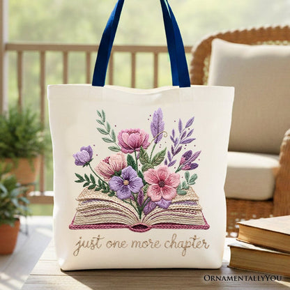 Floral Book Printed Faux Yarn Crochet Tote Bag, Just One More Chapter Bookworm Gift Shopper Tote Bag OrnamentallyYou Navy Handle