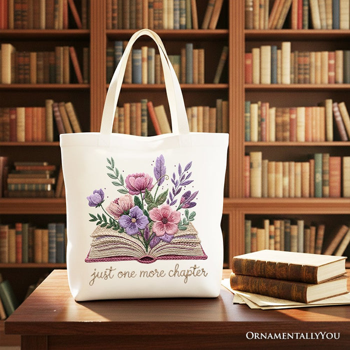 Floral Book Printed Faux Yarn Crochet Tote Bag, Just One More Chapter Bookworm Gift Shopper Tote Bag OrnamentallyYou White