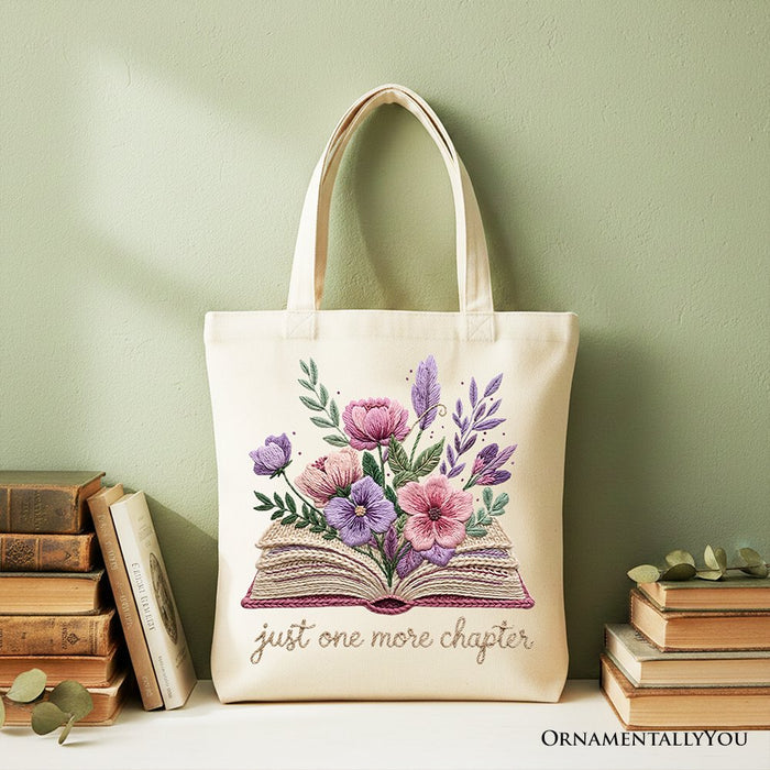 Floral Book Printed Faux Yarn Crochet Tote Bag, Just One More Chapter Bookworm Gift Shopper Tote Bag OrnamentallyYou Beige