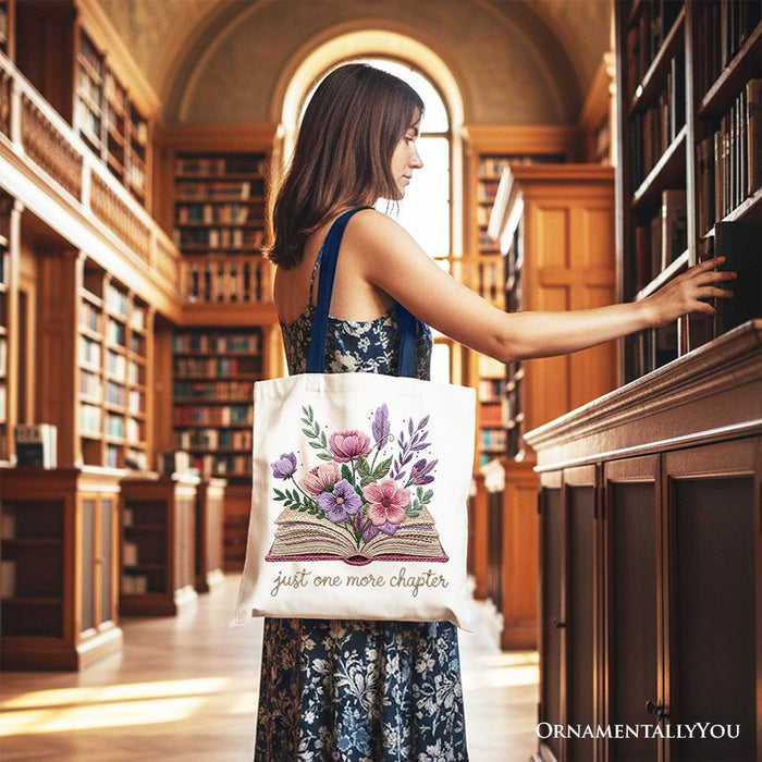 Floral Book Printed Faux Yarn Crochet Tote Bag, Just One More Chapter Bookworm Gift Shopper Tote Bag OrnamentallyYou