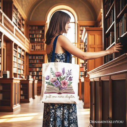 Floral Book Printed Faux Yarn Crochet Tote Bag, Just One More Chapter Bookworm Gift Shopper Tote Bag OrnamentallyYou