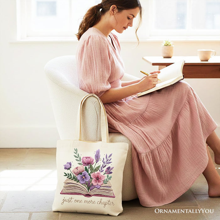 Floral Book Printed Faux Yarn Crochet Tote Bag, Just One More Chapter Bookworm Gift Shopper Tote Bag OrnamentallyYou