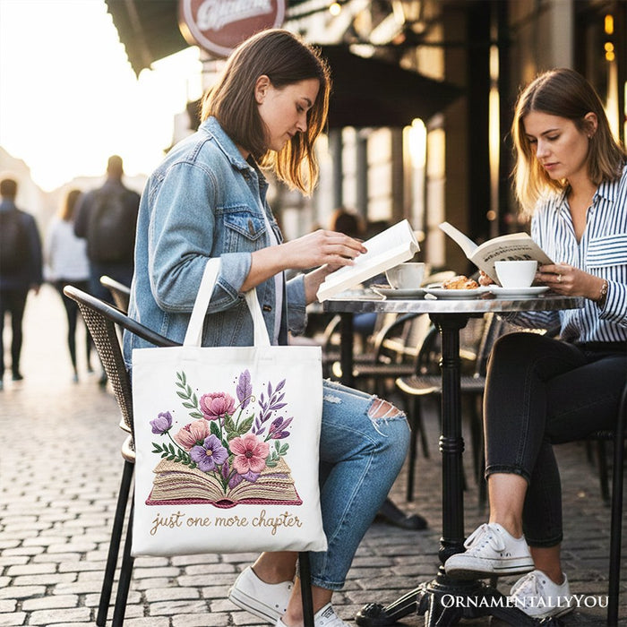 Floral Book Printed Faux Yarn Crochet Tote Bag, Just One More Chapter Bookworm Gift Shopper Tote Bag OrnamentallyYou
