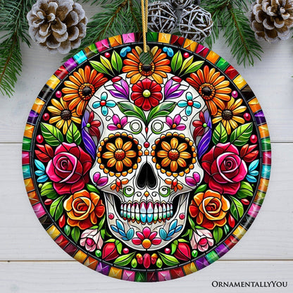 Floral Celebration Sugar Skull Stained Glass Style Ornament, Lush Blossom Christmas Gift and Decor Ceramic Ornament OrnamentallyYou Circle