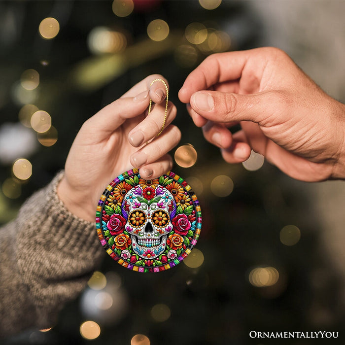 Floral Celebration Sugar Skull Stained Glass Style Ornament, Lush Blossom Christmas Gift and Decor Ceramic Ornament OrnamentallyYou