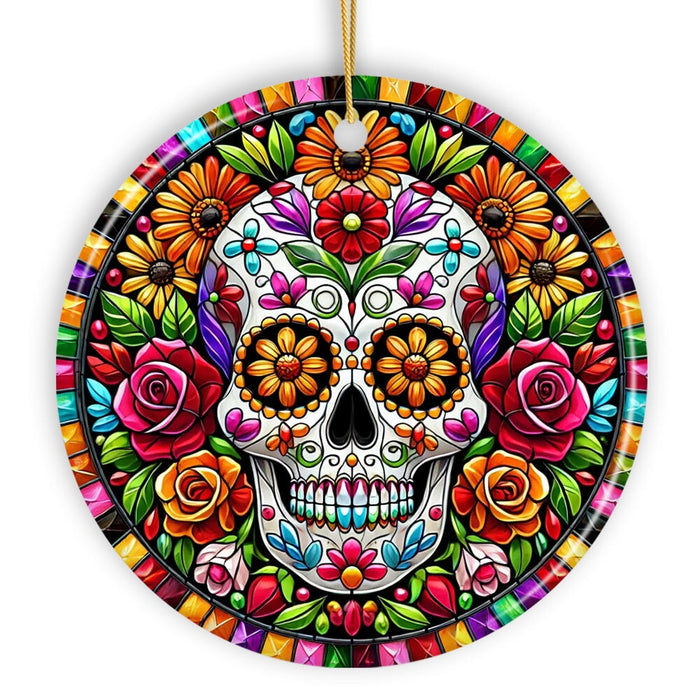 Floral Celebration Sugar Skull Stained Glass Style Ornament, Lush Blossom Christmas Gift and Decor Ceramic Ornament OrnamentallyYou