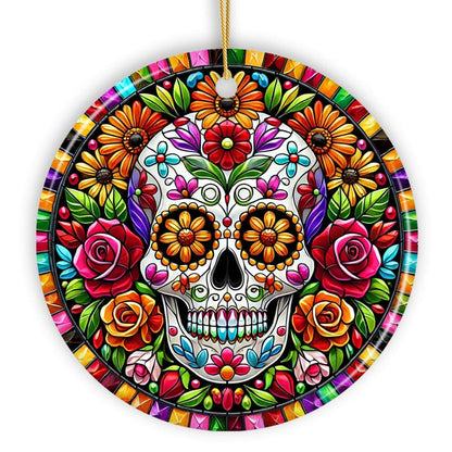 Floral Celebration Sugar Skull Stained Glass Style Ornament, Lush Blossom Christmas Gift and Decor Ceramic Ornament OrnamentallyYou