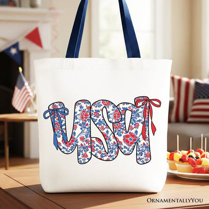 Floral USA Patriotic Canvas Tote Bag, 4th of July Gift Shopper for Stylish Women Tote Bag OrnamentallyYou Navy Handle