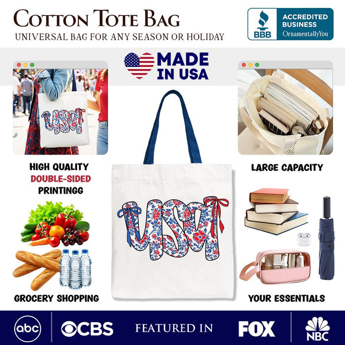 Floral USA Patriotic Canvas Tote Bag, 4th of July Gift Shopper for Stylish Women Tote Bag OrnamentallyYou