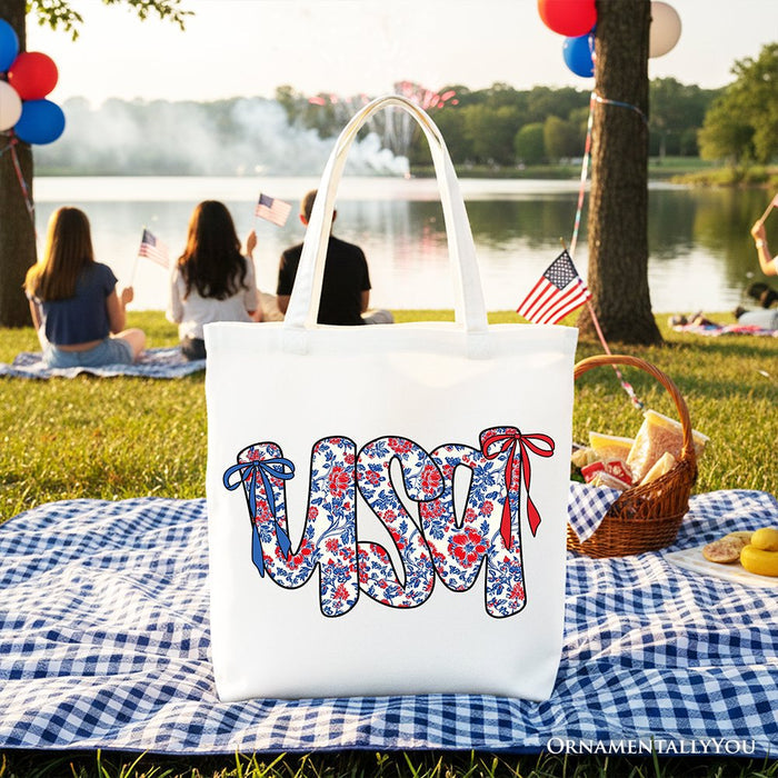 Floral USA Patriotic Canvas Tote Bag, 4th of July Gift Shopper for Stylish Women Tote Bag OrnamentallyYou White