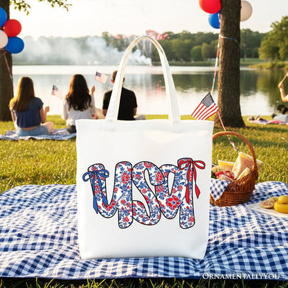 Floral USA Patriotic Canvas Tote Bag, 4th of July Gift Shopper for Stylish Women Tote Bag OrnamentallyYou White