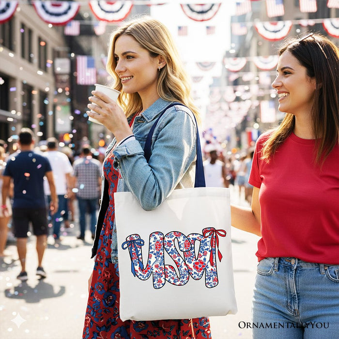 Floral USA Patriotic Canvas Tote Bag, 4th of July Gift Shopper for Stylish Women Tote Bag OrnamentallyYou