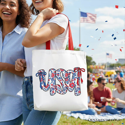 Floral USA Patriotic Canvas Tote Bag, 4th of July Gift Shopper for Stylish Women Tote Bag OrnamentallyYou