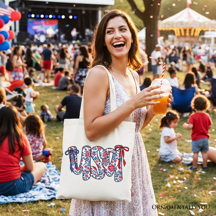 Floral USA Patriotic Canvas Tote Bag, 4th of July Gift Shopper for Stylish Women Tote Bag OrnamentallyYou