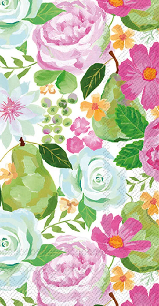 A vibrant guest towel featuring a watercolor print of green pears, pink roses, white flowers, and daisies on a light background.