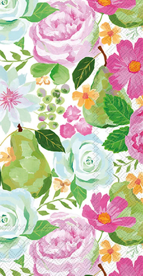A vibrant guest towel featuring a watercolor print of green pears, pink roses, white flowers, and daisies on a light background.