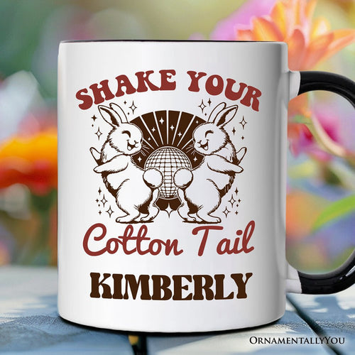 Funny Disco Easter Bunny Personalized Mug, Shake Your Cotton Tail Retro Gift with Custom Name Personalized Ceramic Mug OrnamentallyYou Black Handle Customized