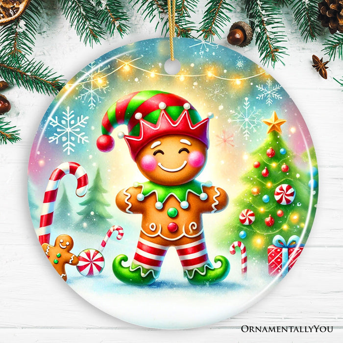 Gingerbread Man as a Christmas Elf Ornament, Magical Holiday Gift and Tree Decor Ceramic Ornament OrnamentallyYou Circle Version 2