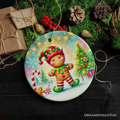 Gingerbread Man as a Christmas Elf Ornament, Magical Holiday Gift and Tree Decor Ceramic Ornament OrnamentallyYou