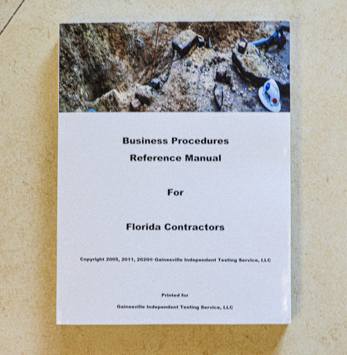 Business Procedures Reference Manual cover for Florida Contractors with construction site tools and soil background