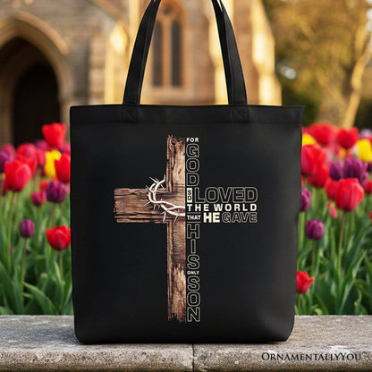 God Gave His Only Son Cross Tote Bag, Christian John 3:16 Faith Gift Shopper Tote Bag OrnamentallyYou Black