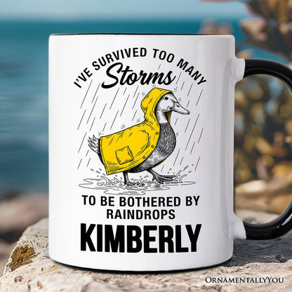 Goose Motivational Personalized Mug, Survived Too Many Storms Funny Quote Gift with Custom Name Personalized Ceramic Mug OrnamentallyYou Black Handle Customized