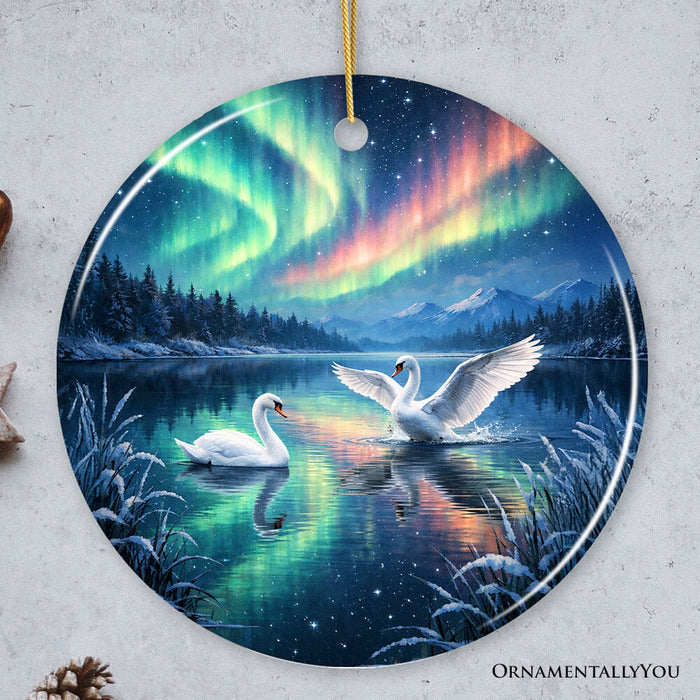 Graceful Aurora White Swans Ceramic Ornament, Northern Lights Birds on a Lake Gift and Tree Decor Ceramic Ornament OrnamentallyYou Circle