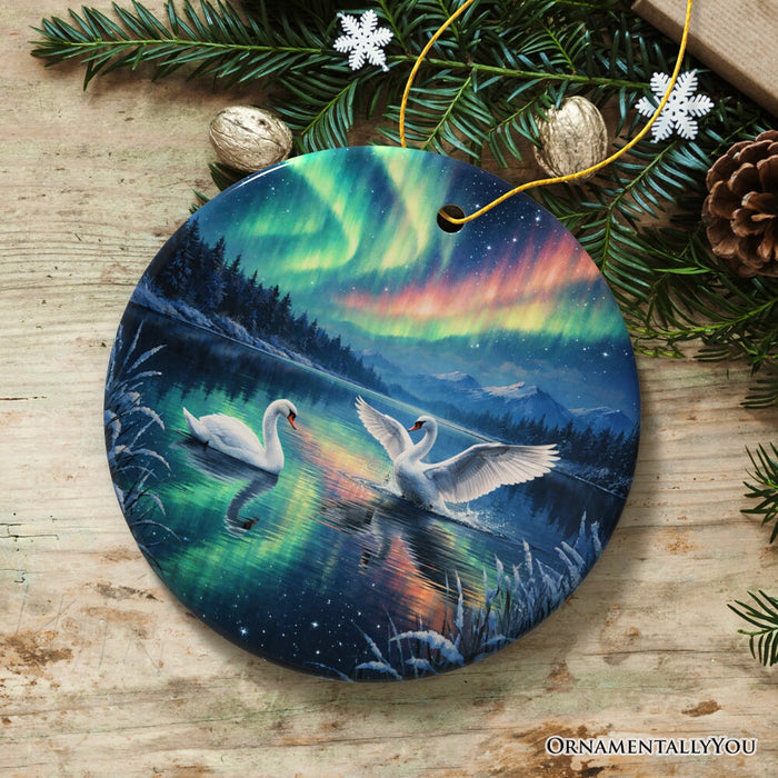 Graceful Aurora White Swans Ceramic Ornament, Northern Lights Birds on a Lake Gift and Tree Decor Ceramic Ornament OrnamentallyYou