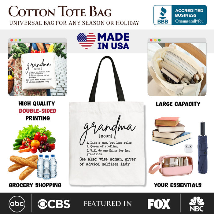 Grandma Definition Canvas Tote Bag, Funny Gift Shopper for Nana Tote Bag OrnamentallyYou
