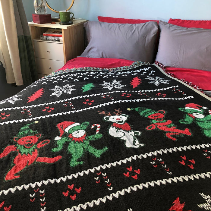 Grateful Dead Jingle Bears Ugly Christmas Sweater Woven Cotton Blanket