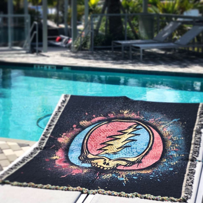 Grateful Dead Spray Paint Stealie Woven Cotton Blanket - Pink/Turquoise | Little Hippie