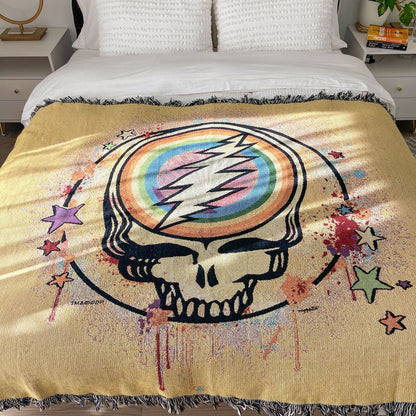Grateful Dead Yellow Rainbow Splatter Steal Your Face Woven Cotton Blanket