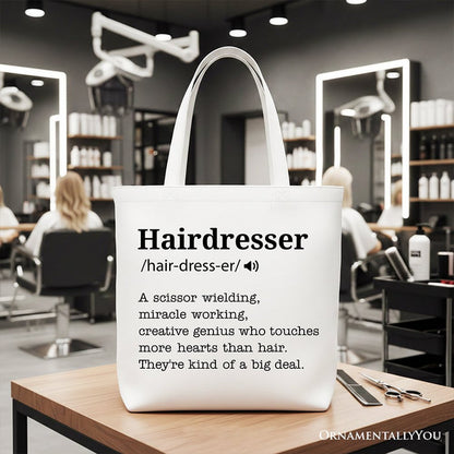 Hairdresser Definition Canvas Tote Bag, Funny Gift Shopper for Creative and Talented Stylists Tote Bag OrnamentallyYou White
