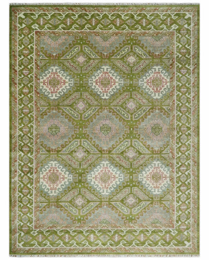 Hand Knotted Green, Ivory and Silver Oriental Traditional Multi Size Wool Area Rug