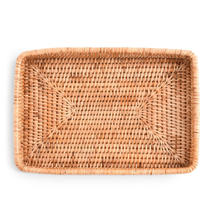 Handwoven Rattan Catchall Tray — overhead view showing the woven base; Vagabond House