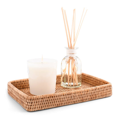 Handwoven Rattan Catchall Tray — tray holding separate candle and diffuser; Vagabond House