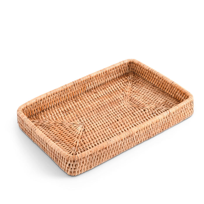 Handwoven Rattan Catchall Tray — angled view of the woven rim; Vagabond House