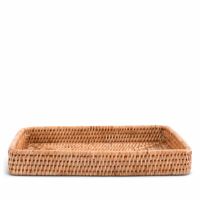 Handwoven Rattan Catchall Tray — low side view showing tray depth; Vagabond House