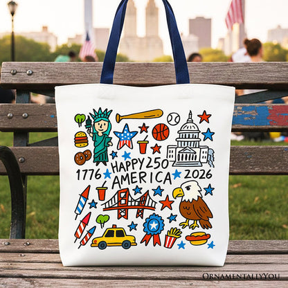 Happy 250 America Doodle Tote Bag, Patriotic USA 1776-2026 250th Anniversary Gift Shopper Tote Bag OrnamentallyYou Navy Handle