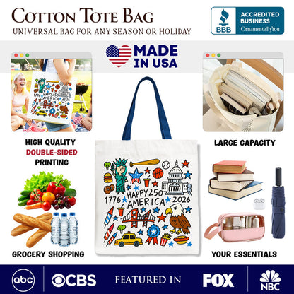 Happy 250 America Doodle Tote Bag, Patriotic USA 1776-2026 250th Anniversary Gift Shopper Tote Bag OrnamentallyYou